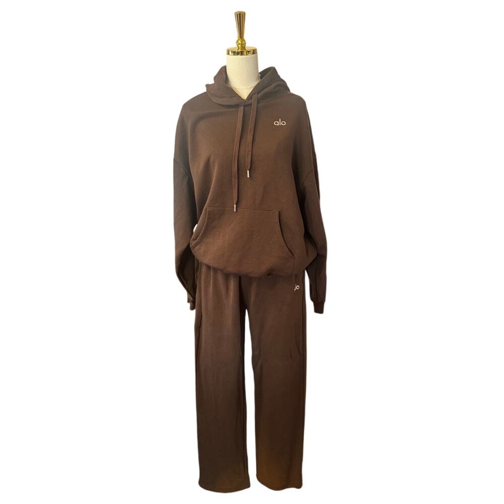 Alo Yoga Accolade Sweatsuit Set Espresso Brown Hoodie Wide Leg Sweatpants Size M